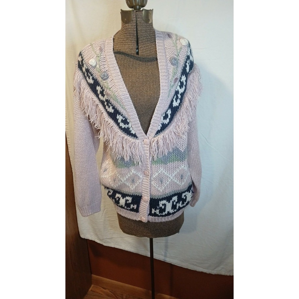 Vintage Spice of Life Pink Floral Fringe Cardigan Sweater Western Boho Medium